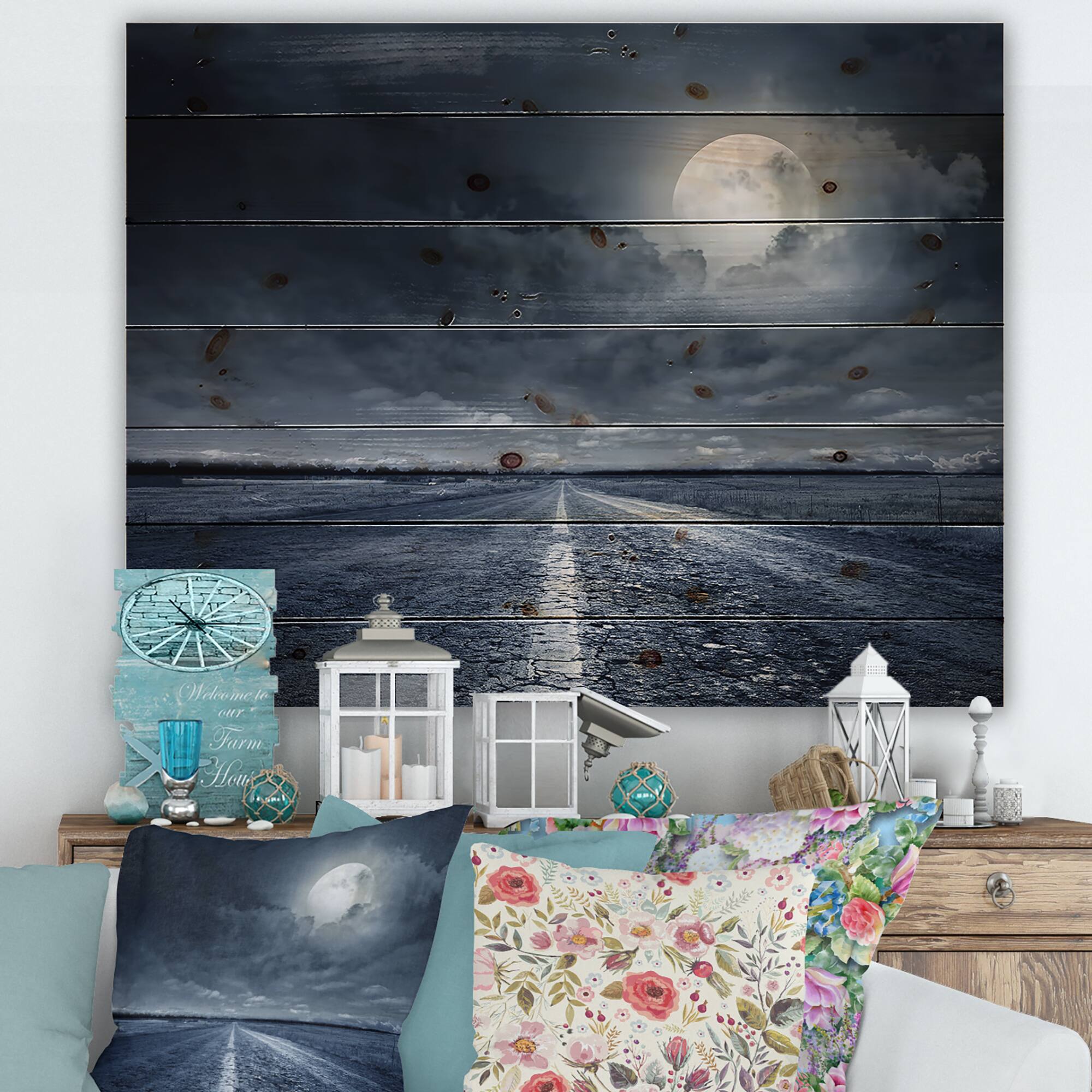 Designart - Asphalt Road Under Cloudy Full Moon I